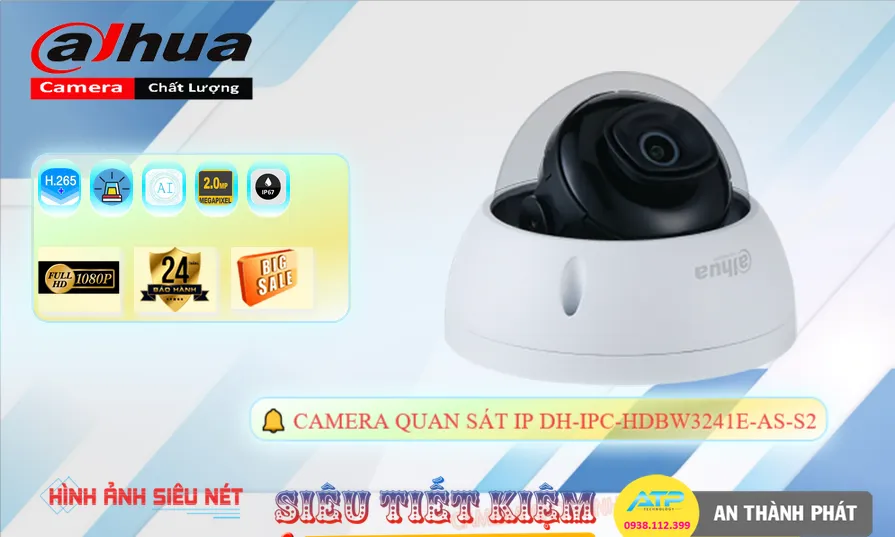 Camera IP POE Chức năng chuyên dụng Phát hiện chuyển động thông minh, phát hiện hình dáng người Dahua DH-IPC-HDBW3241E-AS-S2 Mẫu Đẹp